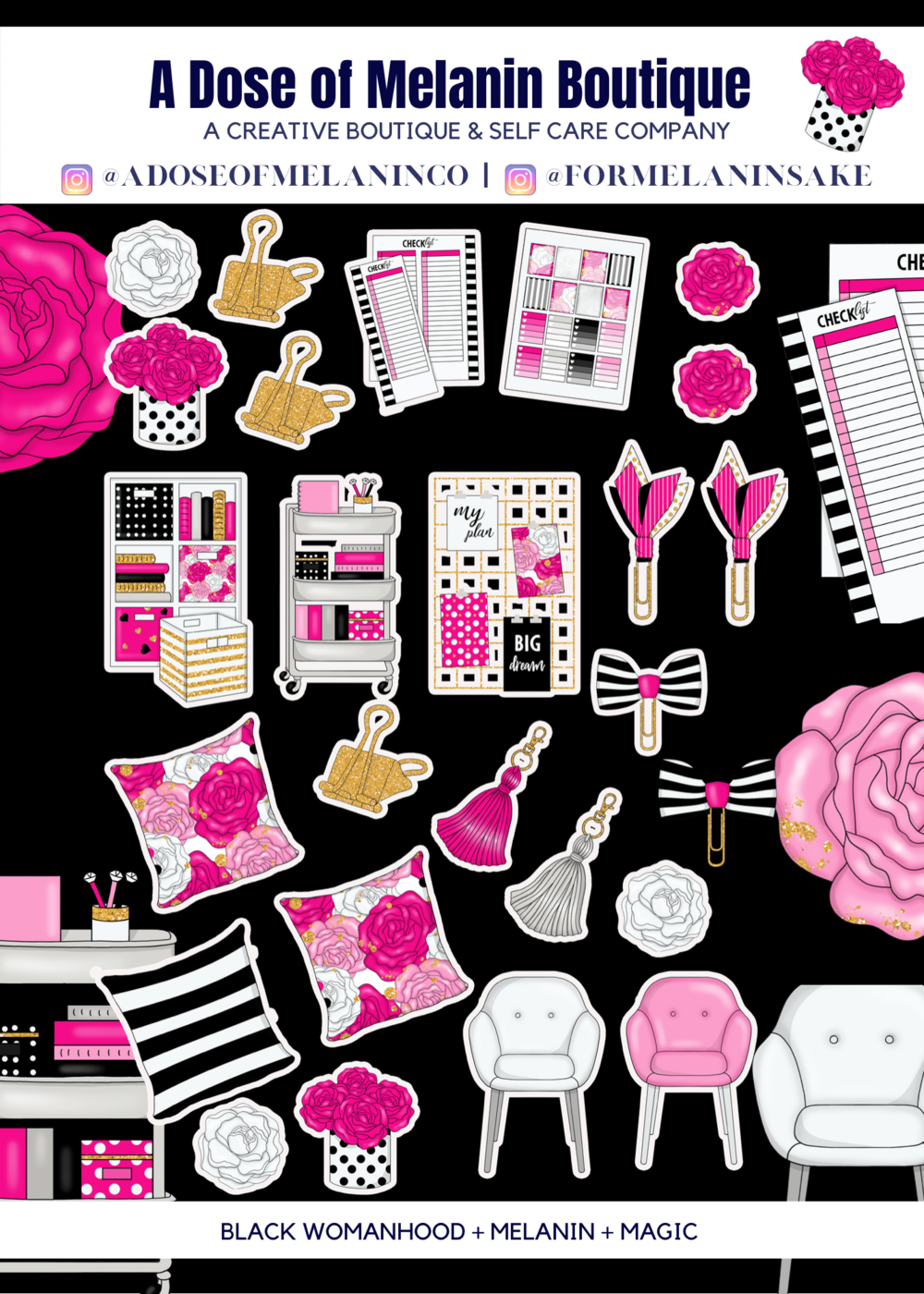 Pink + Black Office Glam Planner Sticker Kit